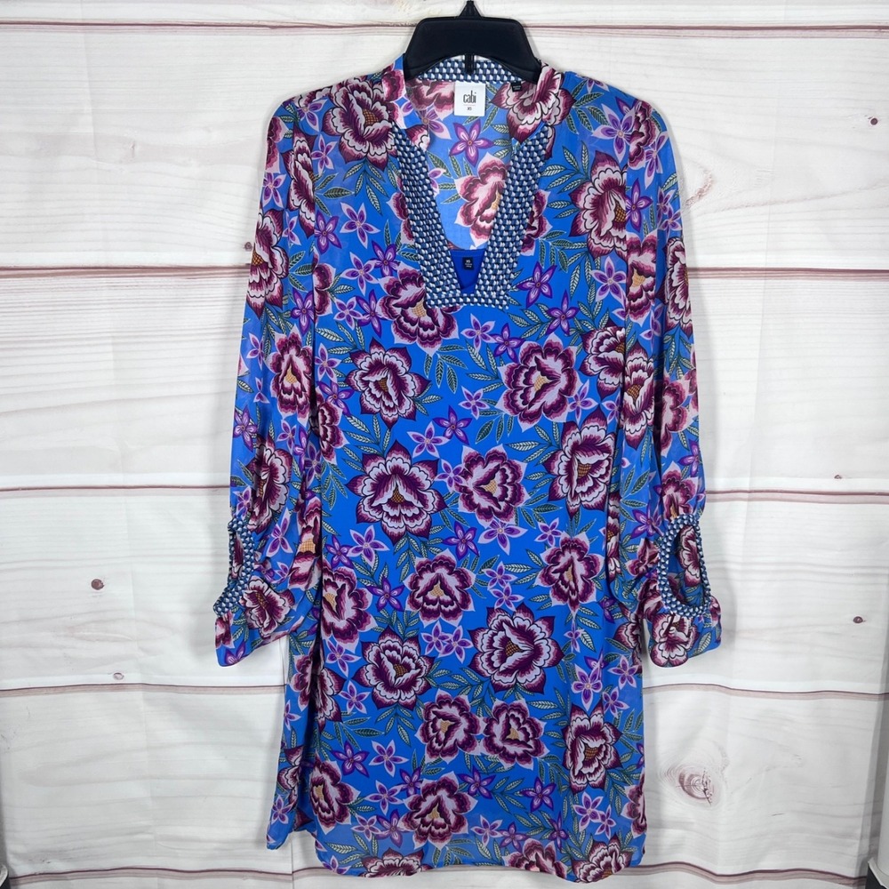 CAbi Dress Women XS Blue Floral Chiffon V-Neck Long Sleeve Shift Lined Pullover